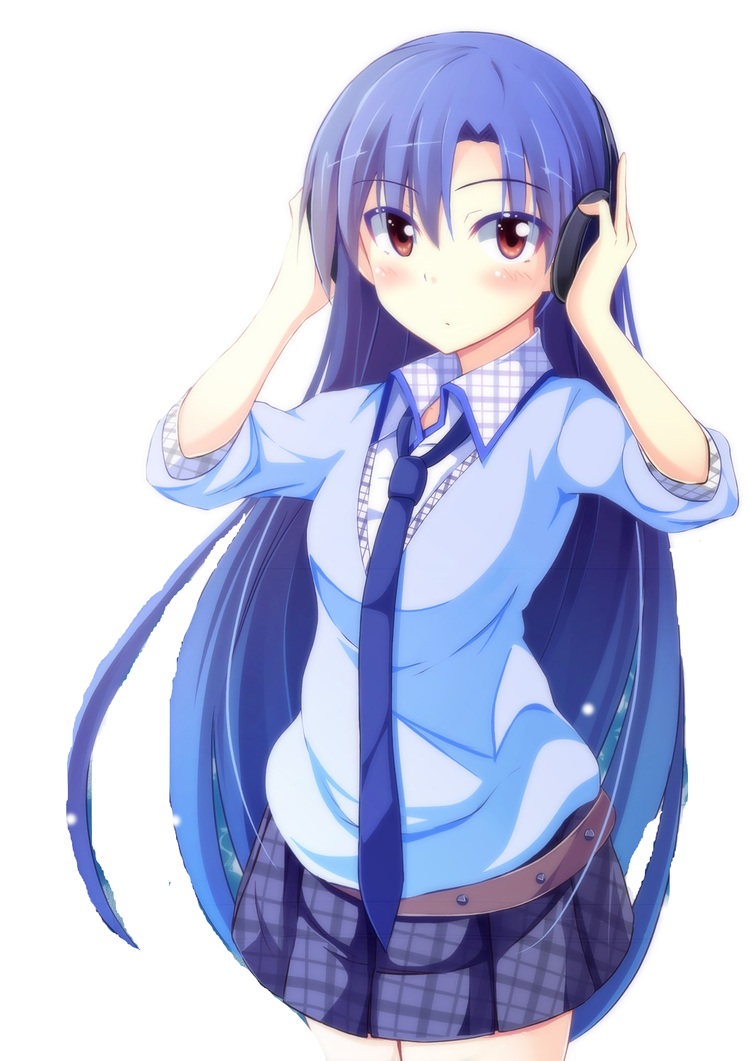 Anime character with Blue/Purple hair, short skirt and headphones looking as if there's a thousand bees approaching her, aroused.