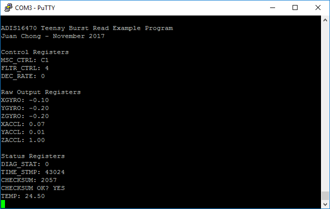 ADIS16470 Example PuTTY Output